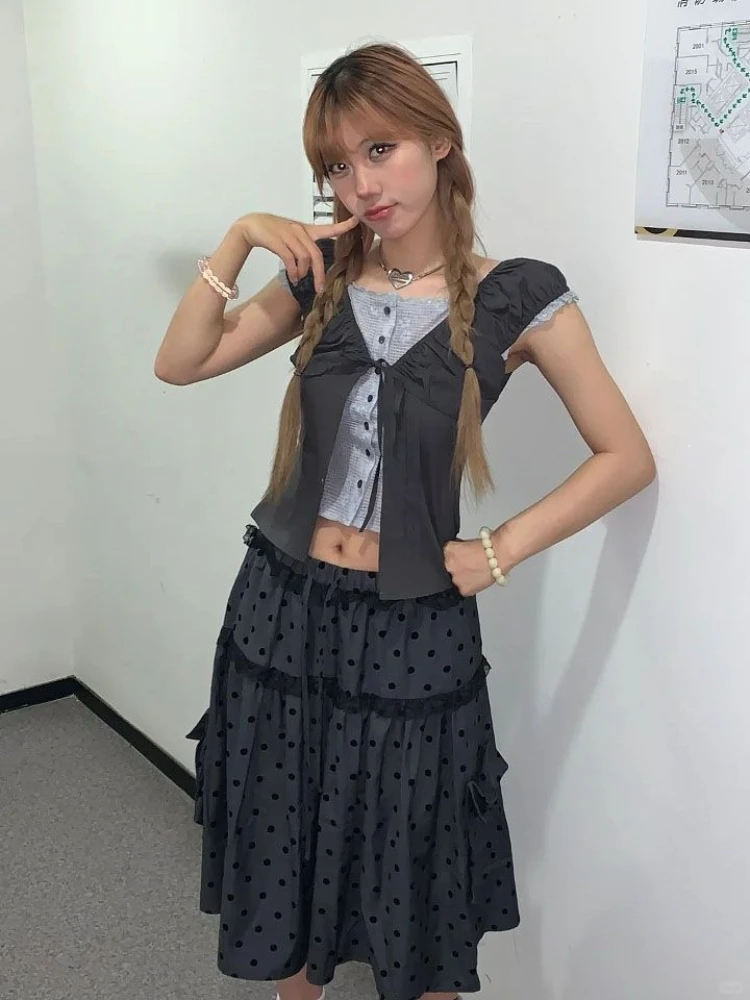 New Vintage Aesthetic Grey Design Polka Dot Skirts Women American Retro Cute Skirts Japanese A-line Lace Korean Popular Clothes