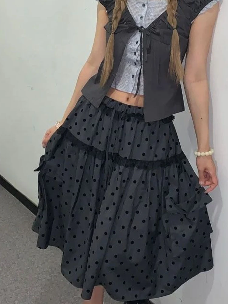 New Vintage Aesthetic Grey Design Polka Dot Skirts Women American Retro Cute Skirts Japanese A-line Lace Korean Popular Clothes