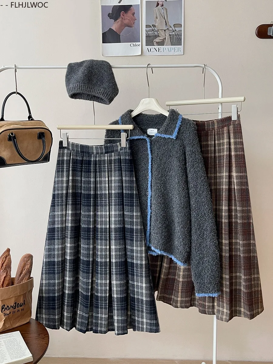Woolen Skirts New Fashion 2025 Autumn Winter Basics Woman Cute Sweet Girls Japan Preppy Style Retro Vintage Long Plaid Skirt