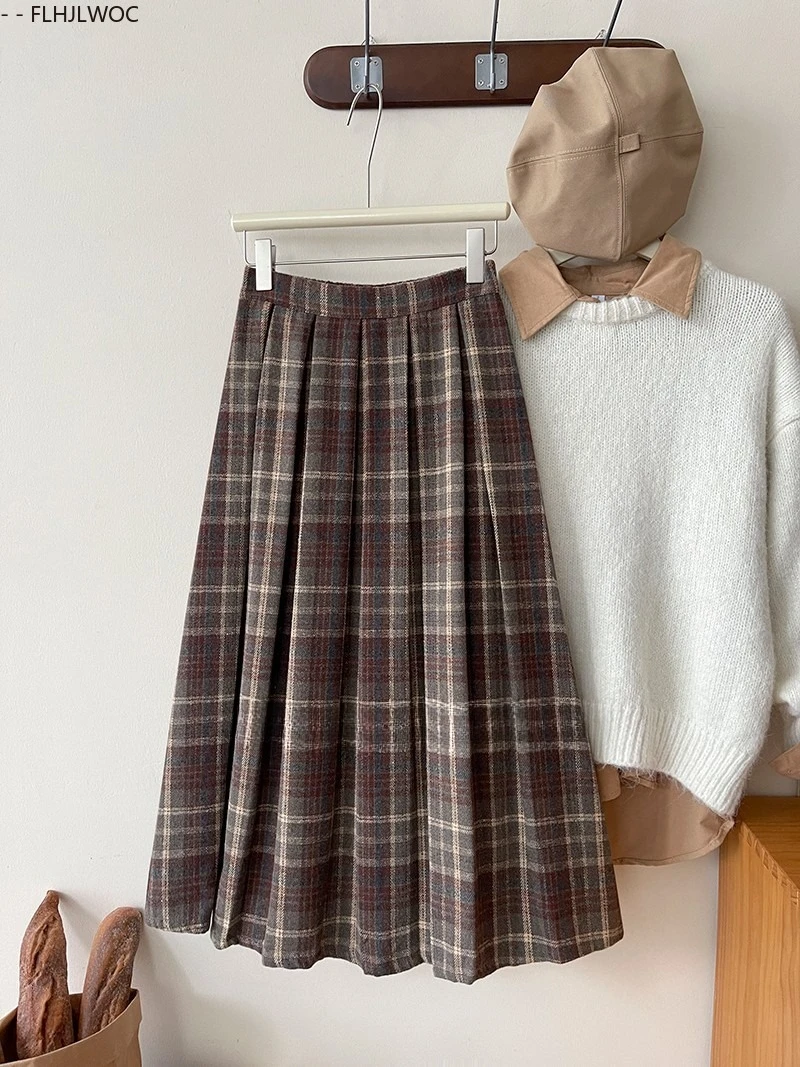 Woolen Skirts New Fashion 2025 Autumn Winter Basics Woman Cute Sweet Girls Japan Preppy Style Retro Vintage Long Plaid Skirt