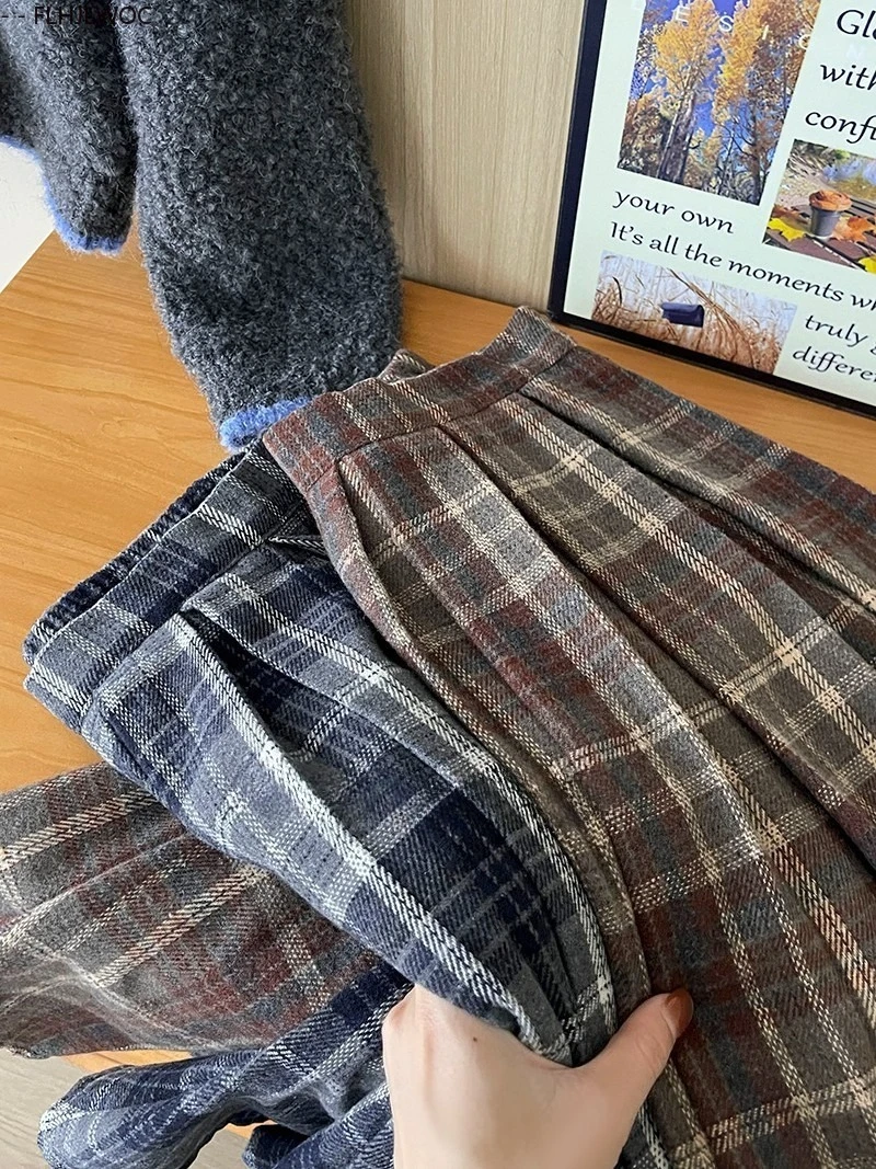 Woolen Skirts New Fashion 2025 Autumn Winter Basics Woman Cute Sweet Girls Japan Preppy Style Retro Vintage Long Plaid Skirt