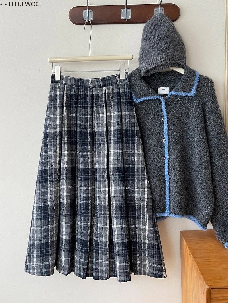 Woolen Skirts New Fashion 2025 Autumn Winter Basics Woman Cute Sweet Girls Japan Preppy Style Retro Vintage Long Plaid Skirt
