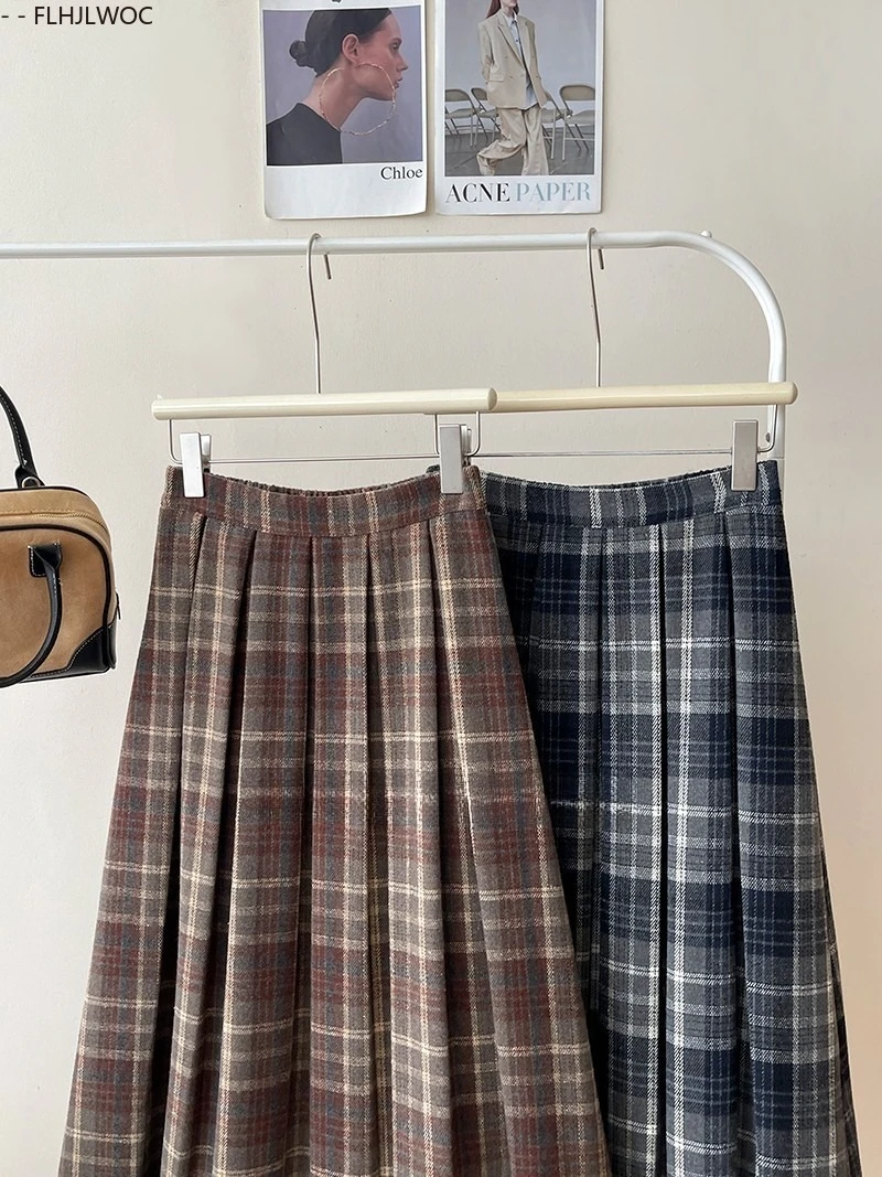Woolen Skirts New Fashion 2025 Autumn Winter Basics Woman Cute Sweet Girls Japan Preppy Style Retro Vintage Long Plaid Skirt