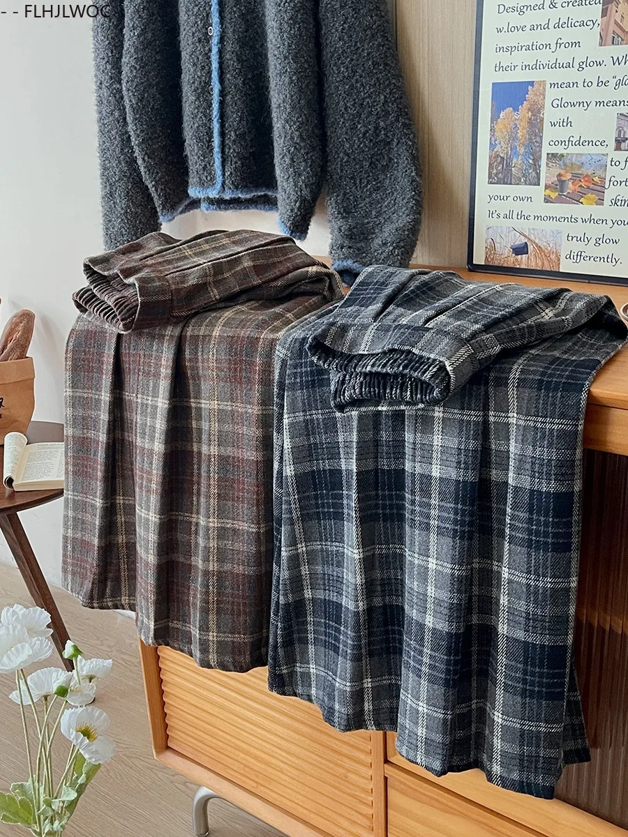 Woolen Skirts New Fashion 2025 Autumn Winter Basics Woman Cute Sweet Girls Japan Preppy Style Retro Vintage Long Plaid Skirt