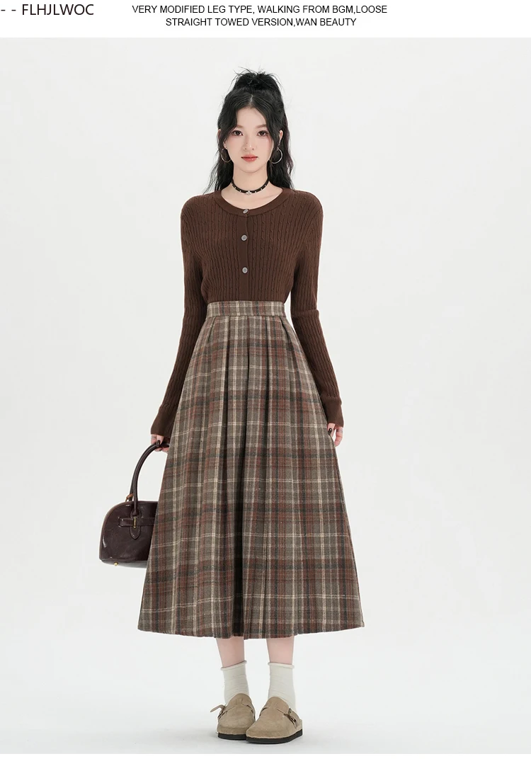 Woolen Skirts New Fashion 2025 Autumn Winter Basics Woman Cute Sweet Girls Japan Preppy Style Retro Vintage Long Plaid Skirt