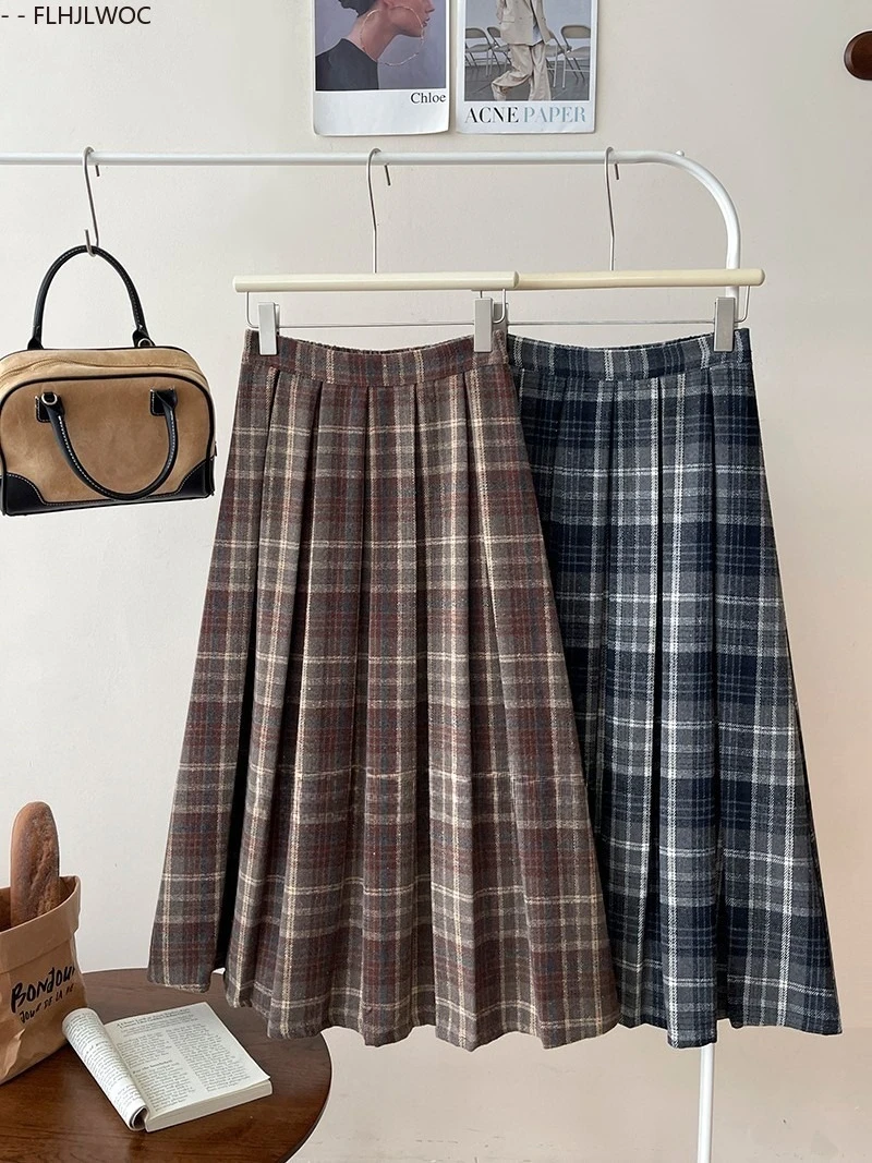 Woolen Skirts New Fashion 2025 Autumn Winter Basics Woman Cute Sweet Girls Japan Preppy Style Retro Vintage Long Plaid Skirt