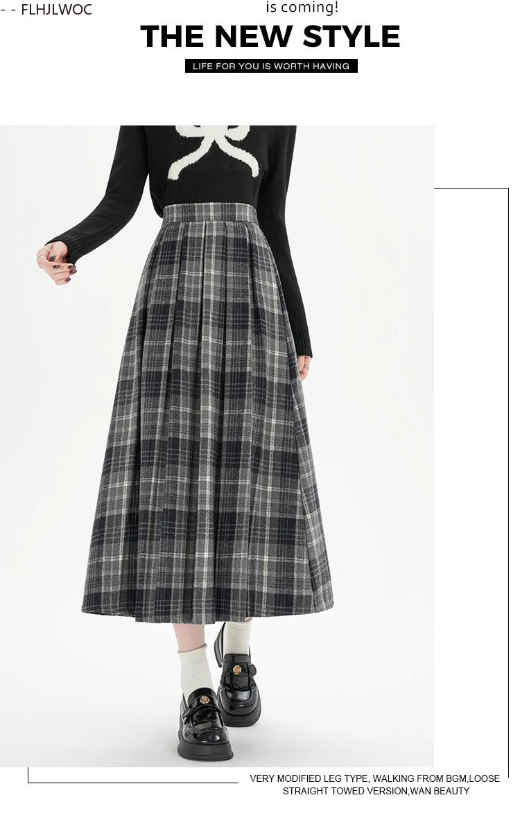 Woolen Skirts New Fashion 2025 Autumn Winter Basics Woman Cute Sweet Girls Japan Preppy Style Retro Vintage Long Plaid Skirt