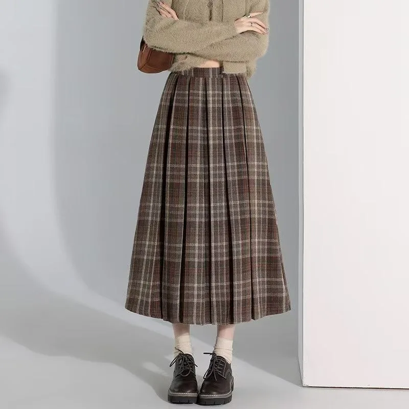 Woolen Skirts New Fashion 2025 Autumn Winter Basics Woman Cute Sweet Girls Japan Preppy Style Retro Vintage Long Plaid Skirt