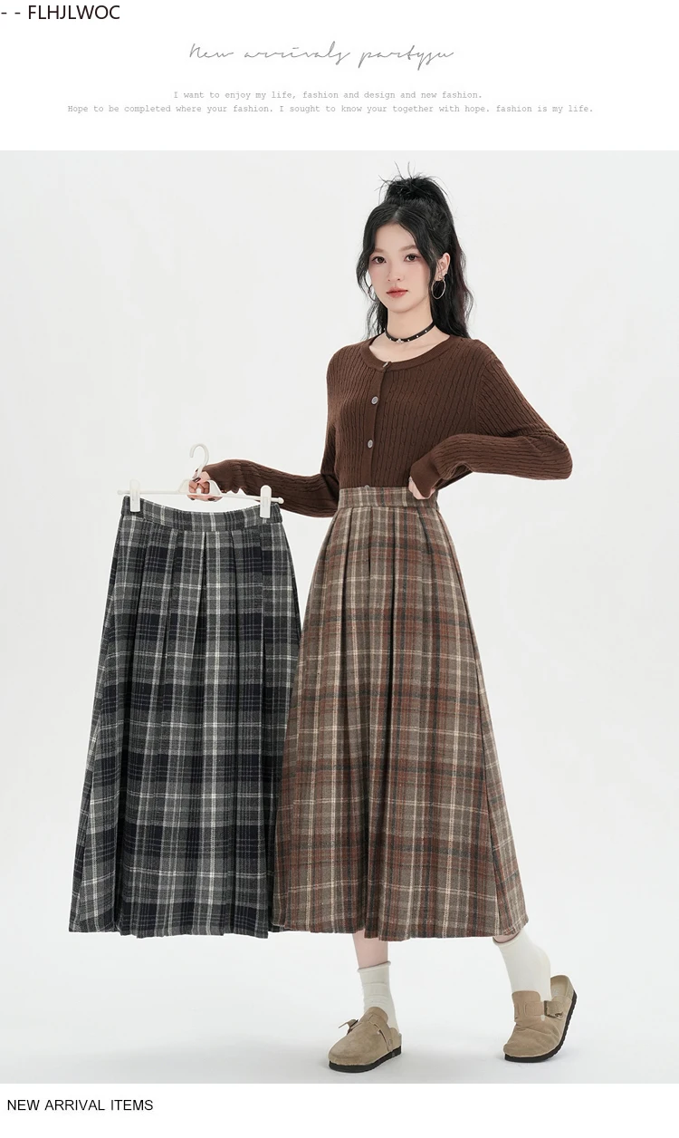 Woolen Skirts New Fashion 2025 Autumn Winter Basics Woman Cute Sweet Girls Japan Preppy Style Retro Vintage Long Plaid Skirt