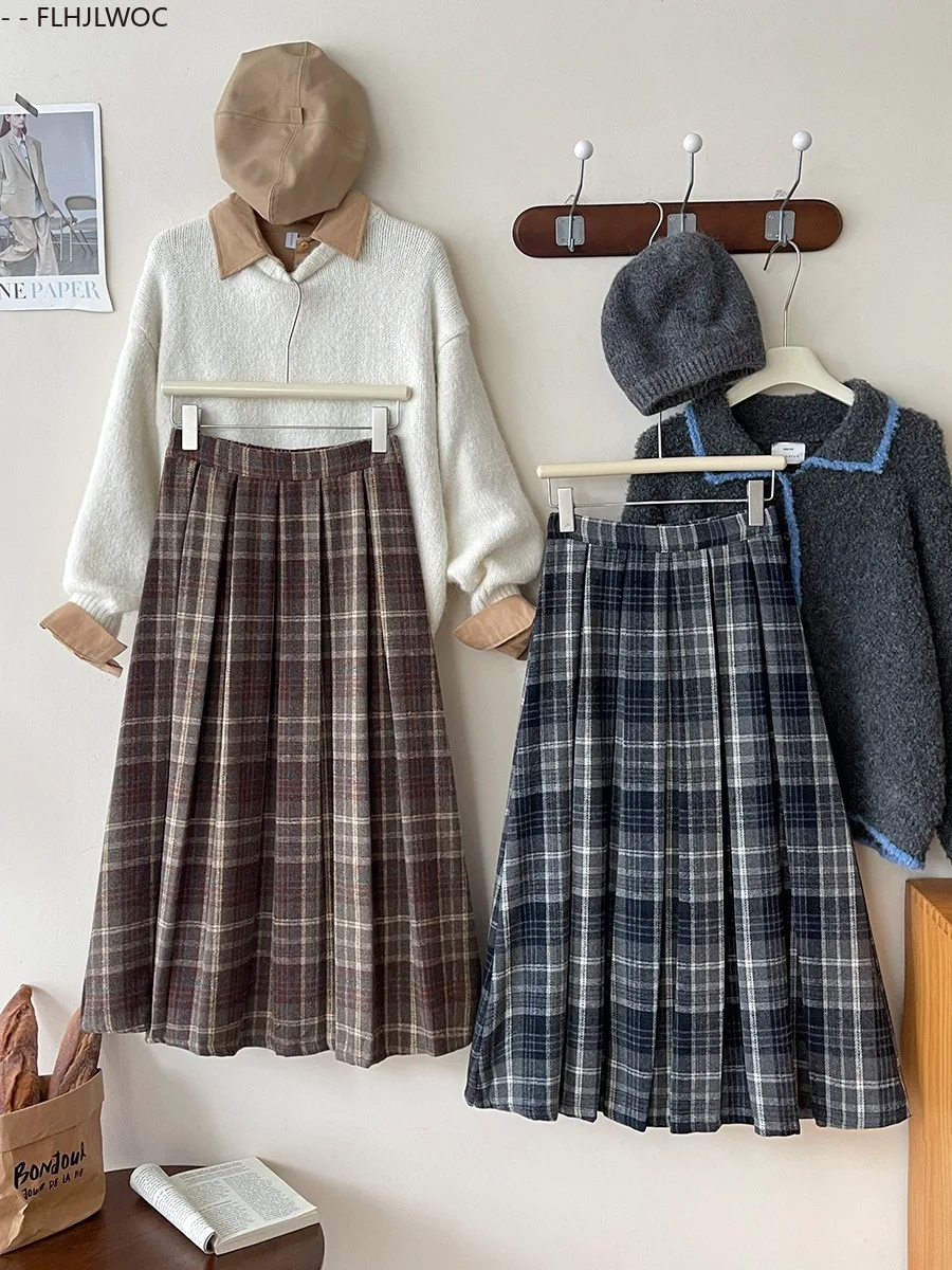 Woolen Skirts New Fashion 2025 Autumn Winter Basics Woman Cute Sweet Girls Japan Preppy Style Retro Vintage Long Plaid Skirt