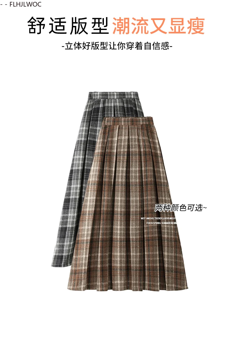 Woolen Skirts New Fashion 2025 Autumn Winter Basics Woman Cute Sweet Girls Japan Preppy Style Retro Vintage Long Plaid Skirt