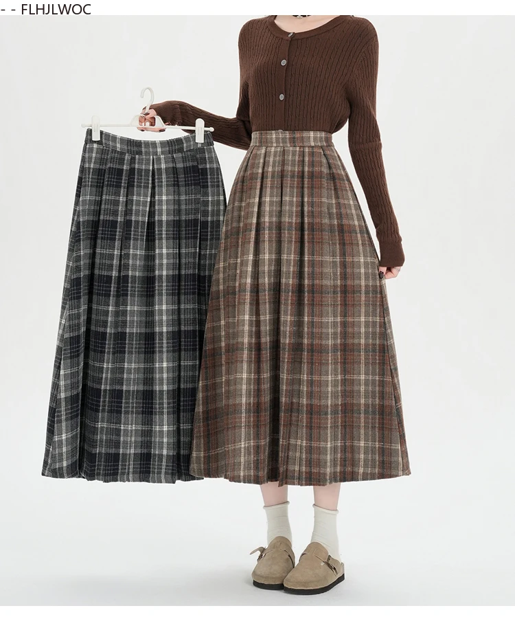 Woolen Skirts New Fashion 2025 Autumn Winter Basics Woman Cute Sweet Girls Japan Preppy Style Retro Vintage Long Plaid Skirt