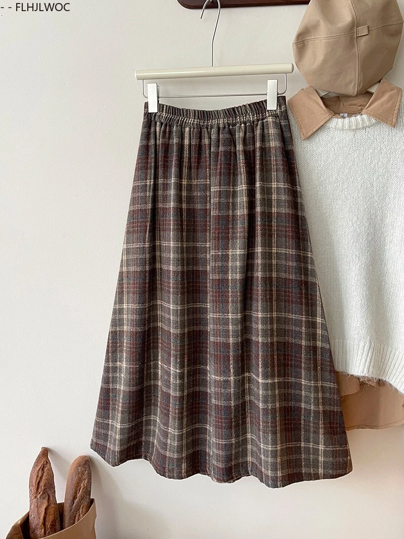 Woolen Skirts New Fashion 2025 Autumn Winter Basics Woman Cute Sweet Girls Japan Preppy Style Retro Vintage Long Plaid Skirt