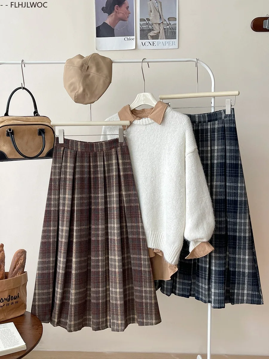 Woolen Skirts New Fashion 2025 Autumn Winter Basics Woman Cute Sweet Girls Japan Preppy Style Retro Vintage Long Plaid Skirt