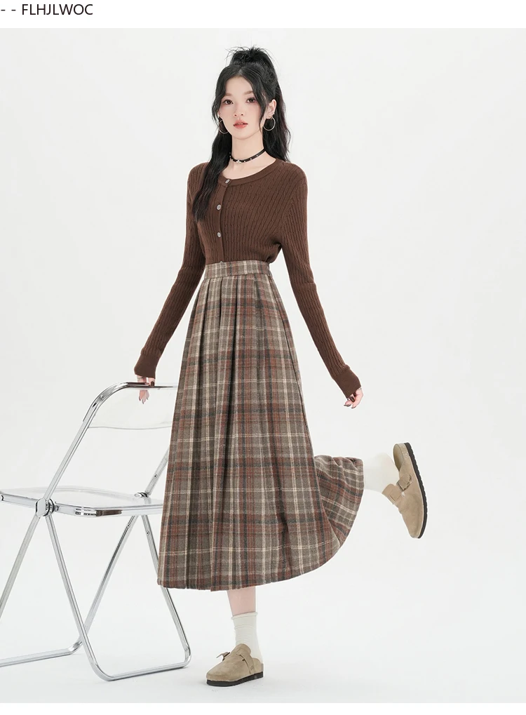 Woolen Skirts New Fashion 2025 Autumn Winter Basics Woman Cute Sweet Girls Japan Preppy Style Retro Vintage Long Plaid Skirt