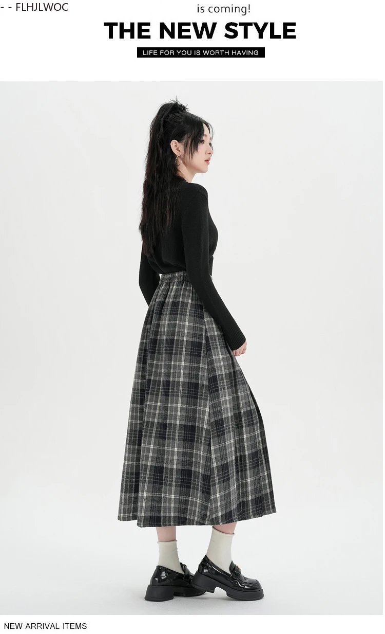 Woolen Skirts New Fashion 2025 Autumn Winter Basics Woman Cute Sweet Girls Japan Preppy Style Retro Vintage Long Plaid Skirt
