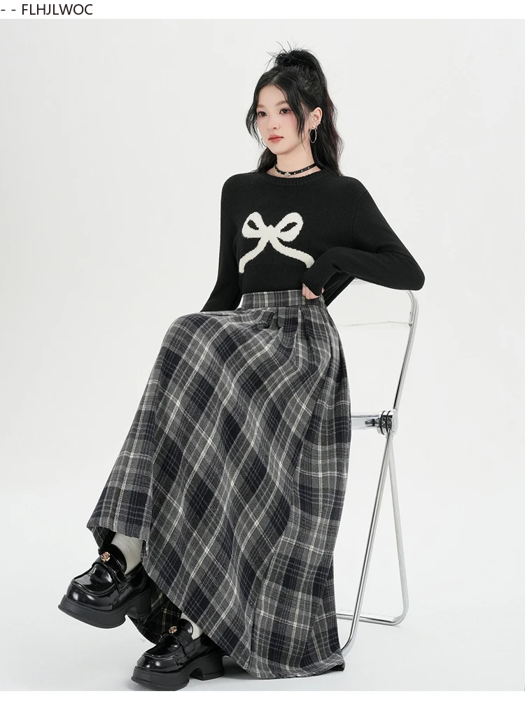 Woolen Skirts New Fashion 2025 Autumn Winter Basics Woman Cute Sweet Girls Japan Preppy Style Retro Vintage Long Plaid Skirt