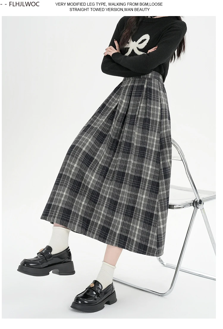 Woolen Skirts New Fashion 2025 Autumn Winter Basics Woman Cute Sweet Girls Japan Preppy Style Retro Vintage Long Plaid Skirt