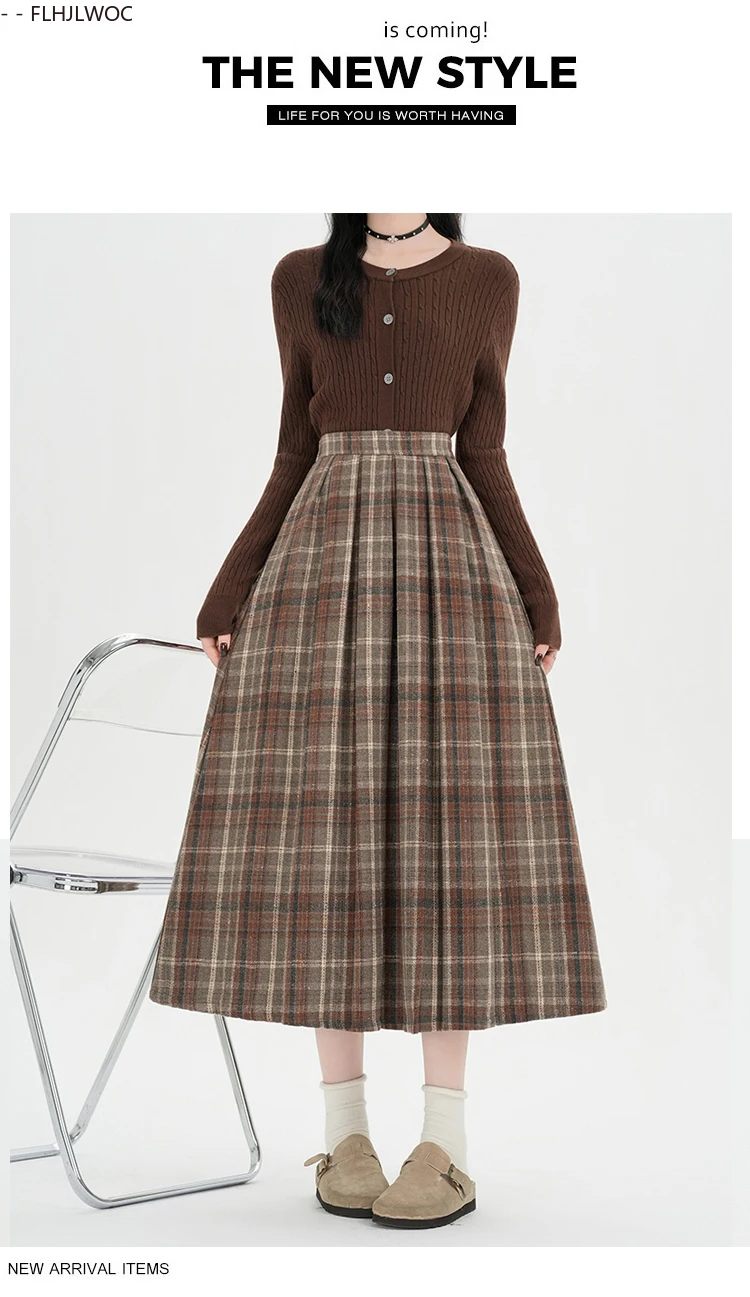 Woolen Skirts New Fashion 2025 Autumn Winter Basics Woman Cute Sweet Girls Japan Preppy Style Retro Vintage Long Plaid Skirt