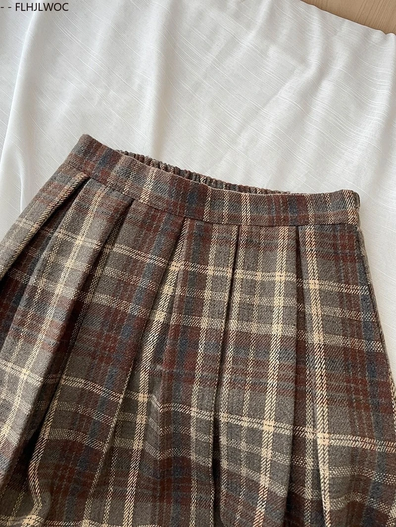 Woolen Skirts New Fashion 2025 Autumn Winter Basics Woman Cute Sweet Girls Japan Preppy Style Retro Vintage Long Plaid Skirt