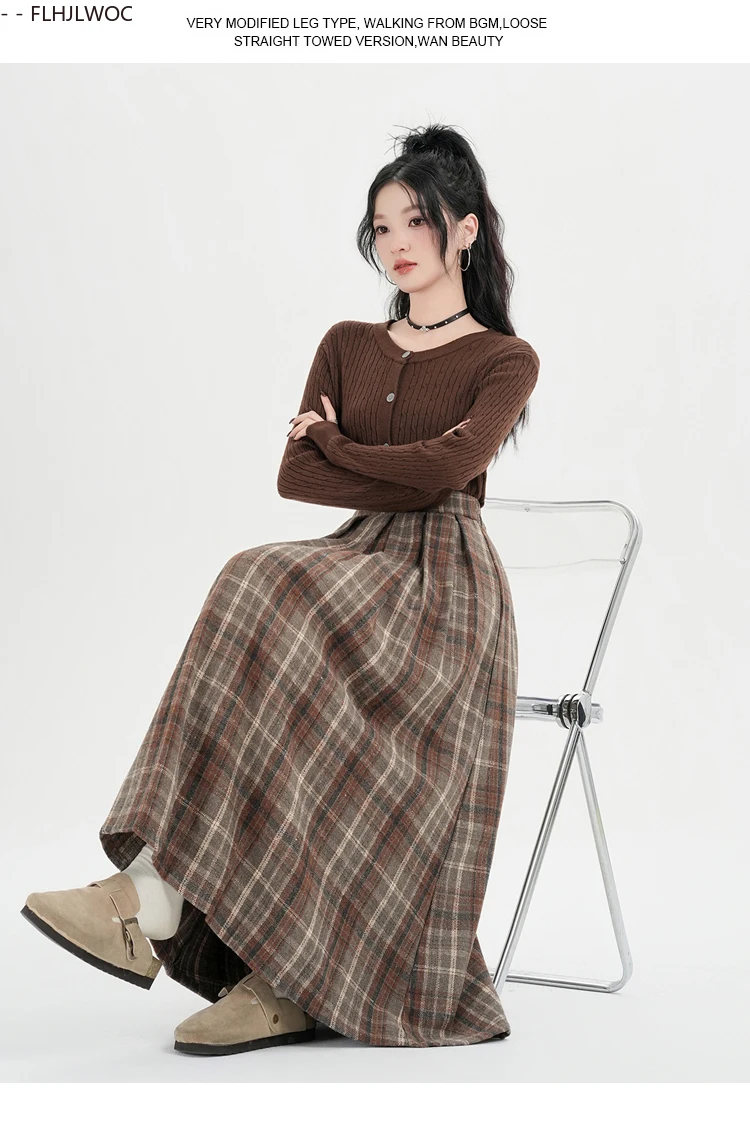 Woolen Skirts New Fashion 2025 Autumn Winter Basics Woman Cute Sweet Girls Japan Preppy Style Retro Vintage Long Plaid Skirt