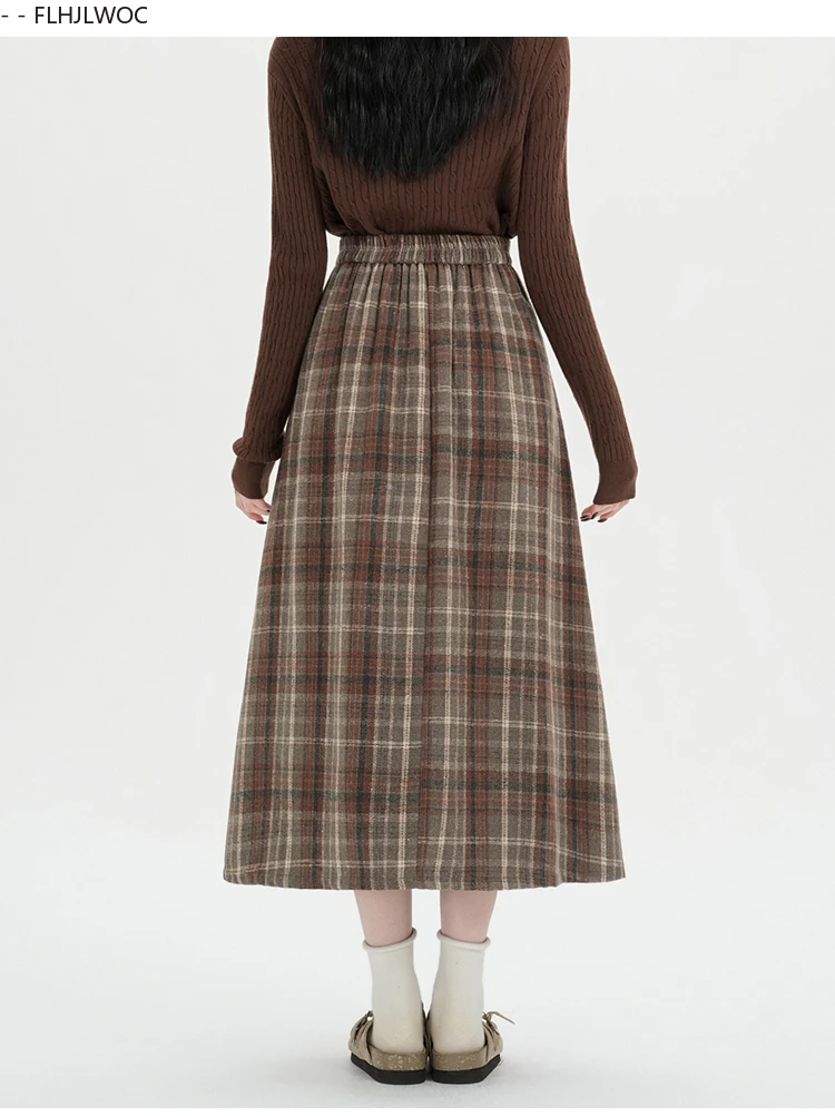 Woolen Skirts New Fashion 2025 Autumn Winter Basics Woman Cute Sweet Girls Japan Preppy Style Retro Vintage Long Plaid Skirt