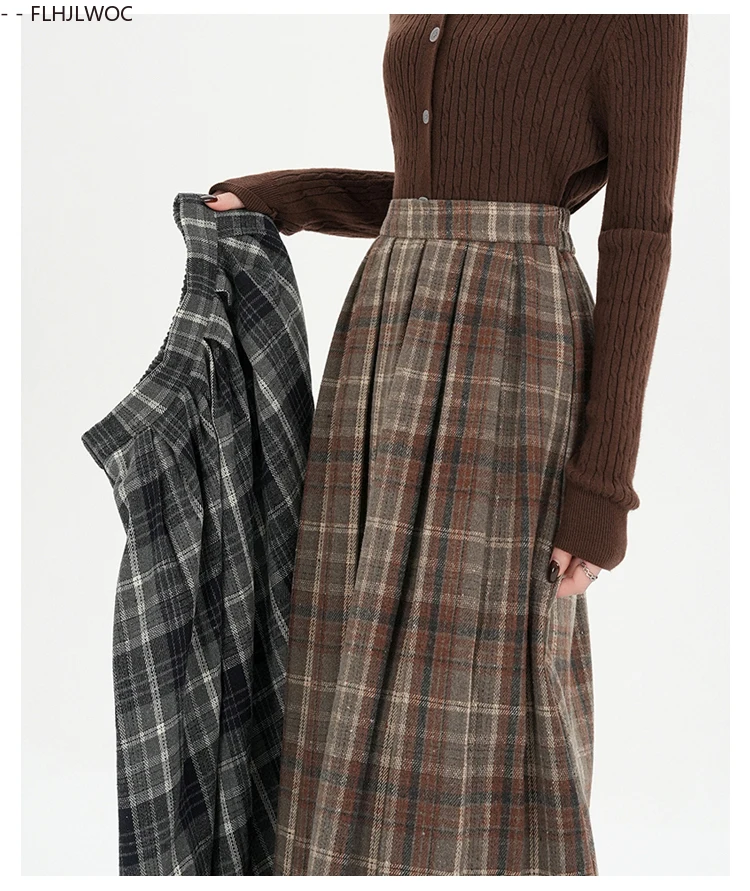 Woolen Skirts New Fashion 2025 Autumn Winter Basics Woman Cute Sweet Girls Japan Preppy Style Retro Vintage Long Plaid Skirt