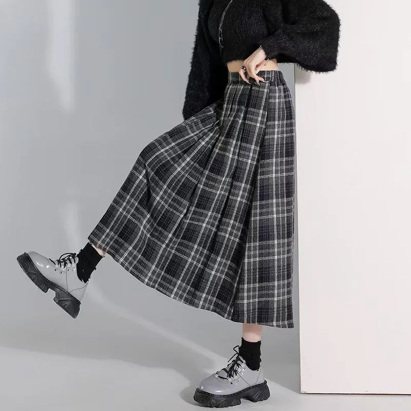 Woolen Skirts New Fashion 2025 Autumn Winter Basics Woman Cute Sweet Girls Japan Preppy Style Retro Vintage Long Plaid Skirt