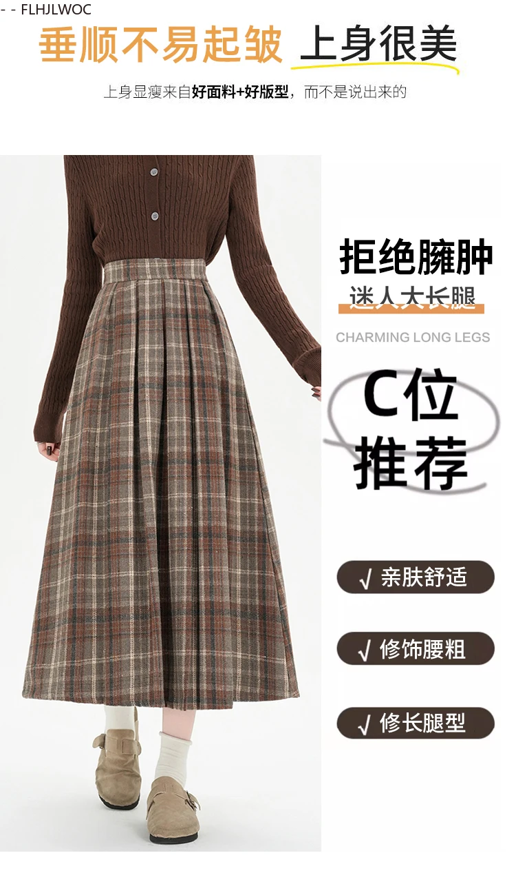 Woolen Skirts New Fashion 2025 Autumn Winter Basics Woman Cute Sweet Girls Japan Preppy Style Retro Vintage Long Plaid Skirt