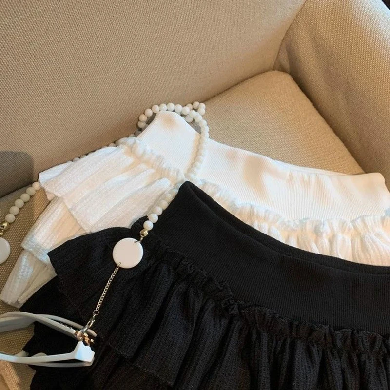 Sweet Puffy Cake Women Skirts Korean Fashion Ruched Ruffle Mini Skirt Campus Harajuku Casual Versatile Elastic Waist Solid Skirt