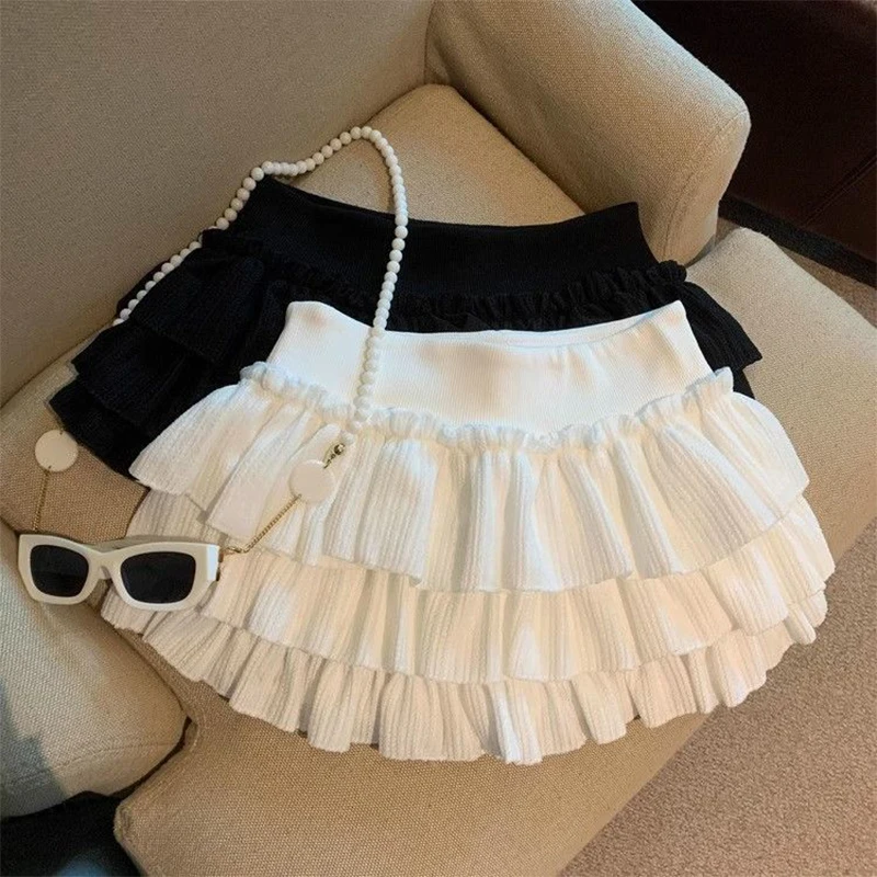 Sweet Puffy Cake Women Skirts Korean Fashion Ruched Ruffle Mini Skirt Campus Harajuku Casual Versatile Elastic Waist Solid Skirt