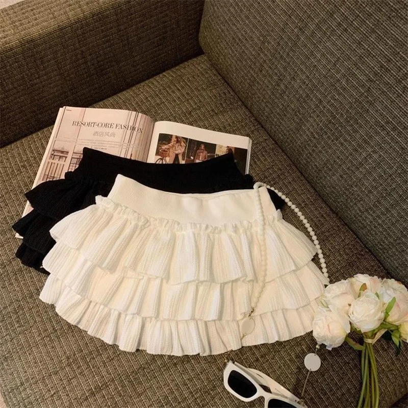 Sweet Puffy Cake Women Skirts Korean Fashion Ruched Ruffle Mini Skirt Campus Harajuku Casual Versatile Elastic Waist Solid Skirt