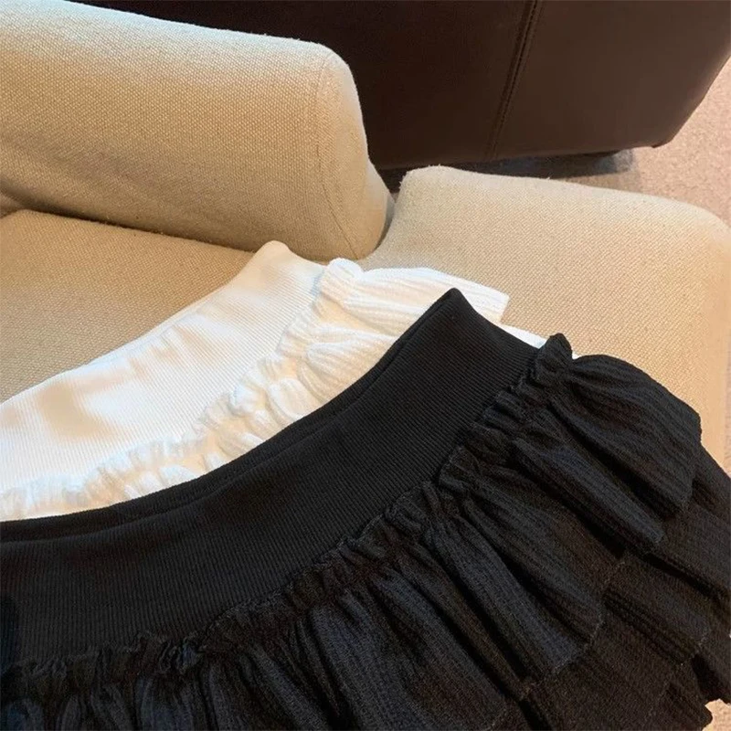 Sweet Puffy Cake Women Skirts Korean Fashion Ruched Ruffle Mini Skirt Campus Harajuku Casual Versatile Elastic Waist Solid Skirt