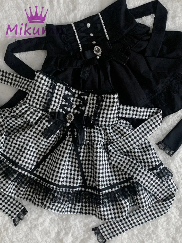 Mikumn Harajuku Gothic Lolita Sweet Lace Ruffles Plaid Cake Skirts Women Y2k Rhinestone Bow Lace-up High Waist A-line Mini Skirt