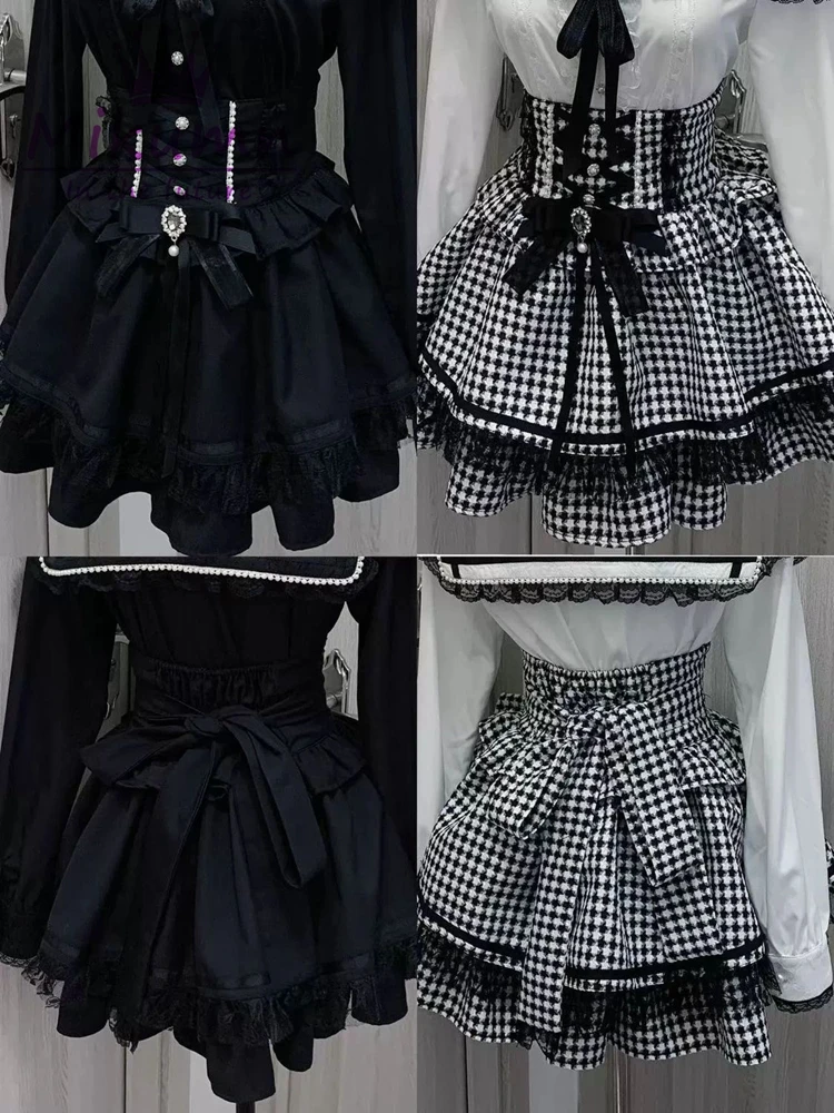 Mikumn Harajuku Gothic Lolita Sweet Lace Ruffles Plaid Cake Skirts Women Y2k Rhinestone Bow Lace-up High Waist A-line Mini Skirt