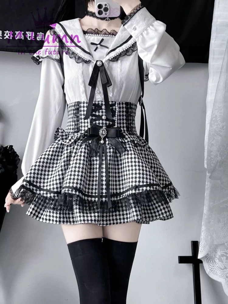 Mikumn Harajuku Gothic Lolita Sweet Lace Ruffles Plaid Cake Skirts Women Y2k Rhinestone Bow Lace-up High Waist A-line Mini Skirt
