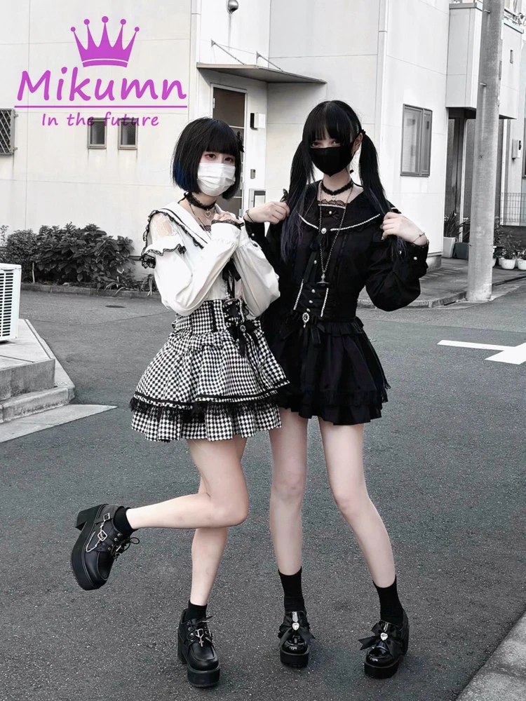 Mikumn Harajuku Gothic Lolita Sweet Lace Ruffles Plaid Cake Skirts Women Y2k Rhinestone Bow Lace-up High Waist A-line Mini Skirt