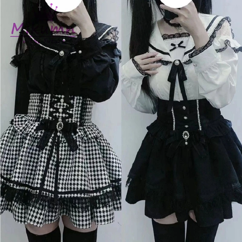 Mikumn Harajuku Gothic Lolita Sweet Lace Ruffles Plaid Cake Skirts Women Y2k Rhinestone Bow Lace-up High Waist A-line Mini Skirt