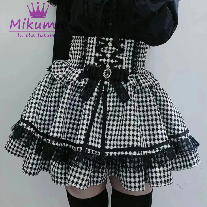 Mikumn Harajuku Gothic Lolita Sweet Lace Ruffles Plaid Cake Skirts Women Y2k Rhinestone Bow Lace-up High Waist A-line Mini Skirt