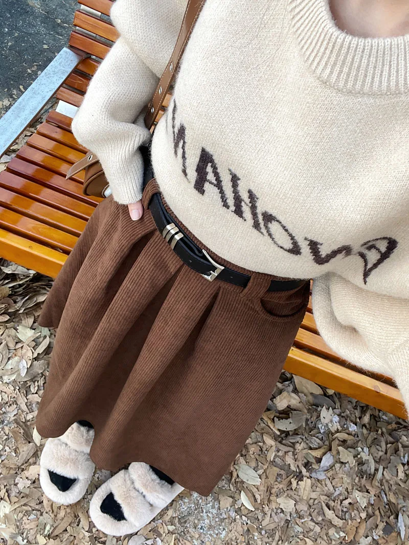 Qiukichonson Mid Long Skirts Womens Corduroy Skirt 2023 Autumn Winter Korean Vintage High Waist Ruffle Pleated Skirts With Belt