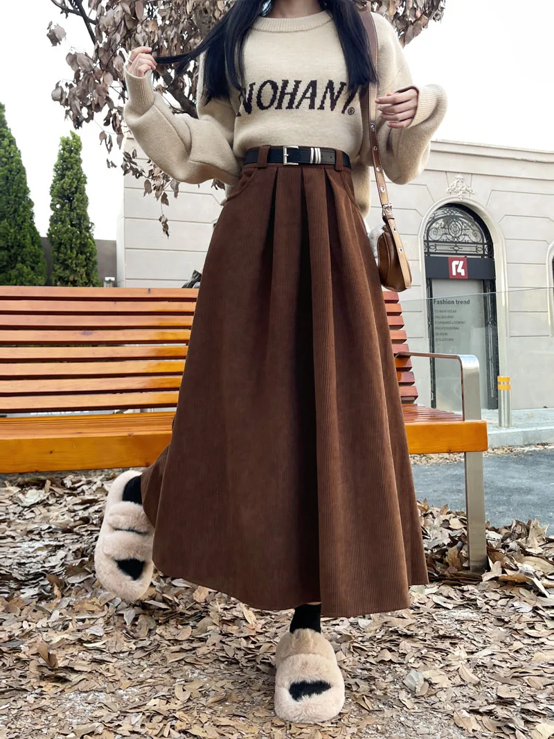 Qiukichonson Mid Long Skirts Womens Corduroy Skirt 2023 Autumn Winter Korean Vintage High Waist Ruffle Pleated Skirts With Belt