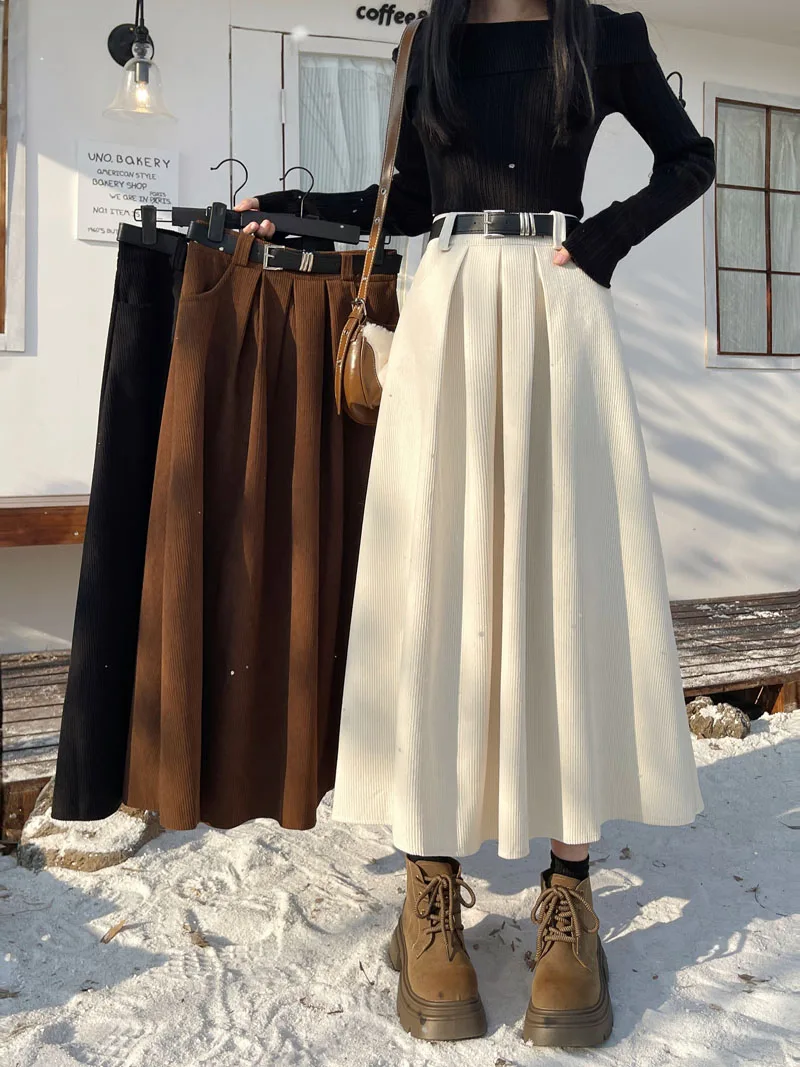 Qiukichonson Mid Long Skirts Womens Corduroy Skirt 2023 Autumn Winter Korean Vintage High Waist Ruffle Pleated Skirts With Belt