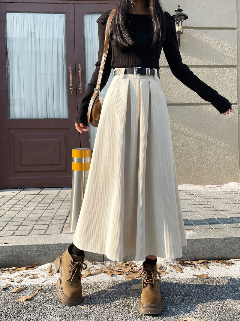 Qiukichonson Mid Long Skirts Womens Corduroy Skirt 2023 Autumn Winter Korean Vintage High Waist Ruffle Pleated Skirts With Belt