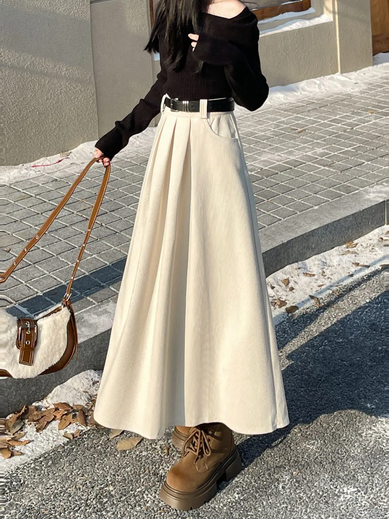 Qiukichonson Mid Long Skirts Womens Corduroy Skirt 2023 Autumn Winter Korean Vintage High Waist Ruffle Pleated Skirts With Belt