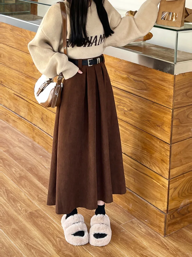 Qiukichonson Mid Long Skirts Womens Corduroy Skirt 2023 Autumn Winter Korean Vintage High Waist Ruffle Pleated Skirts With Belt