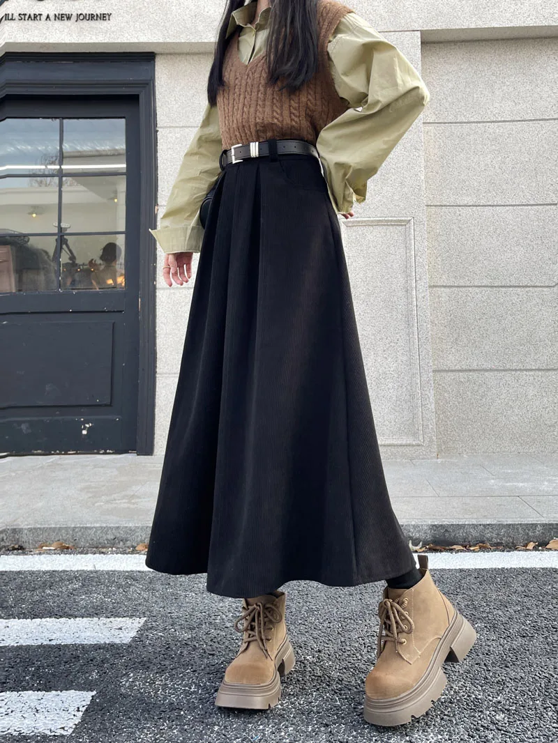 Qiukichonson Mid Long Skirts Womens Corduroy Skirt 2023 Autumn Winter Korean Vintage High Waist Ruffle Pleated Skirts With Belt