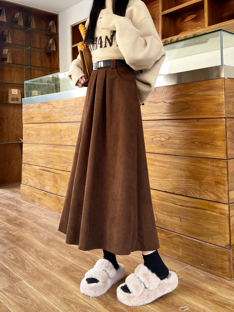 Qiukichonson Mid Long Skirts Womens Corduroy Skirt 2023 Autumn Winter Korean Vintage High Waist Ruffle Pleated Skirts With Belt