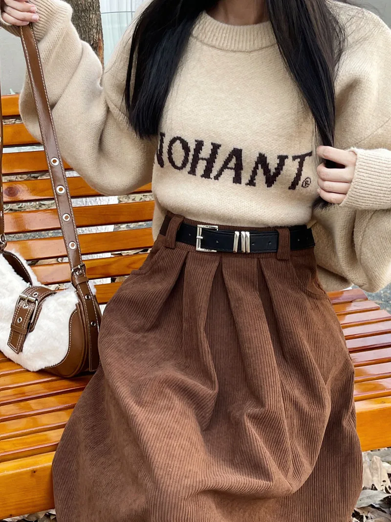 Qiukichonson Mid Long Skirts Womens Corduroy Skirt 2023 Autumn Winter Korean Vintage High Waist Ruffle Pleated Skirts With Belt
