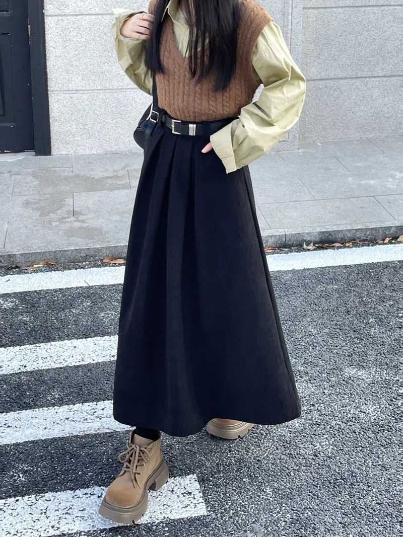 Qiukichonson Mid Long Skirts Womens Corduroy Skirt 2023 Autumn Winter Korean Vintage High Waist Ruffle Pleated Skirts With Belt