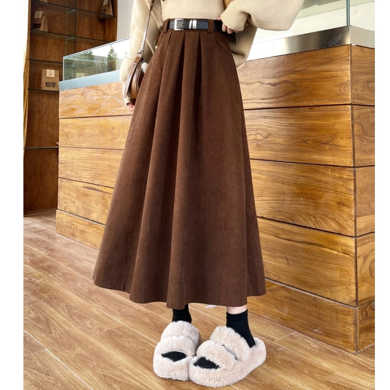 Qiukichonson Mid Long Skirts Womens Corduroy Skirt 2023 Autumn Winter Korean Vintage High Waist Ruffle Pleated Skirts With Belt